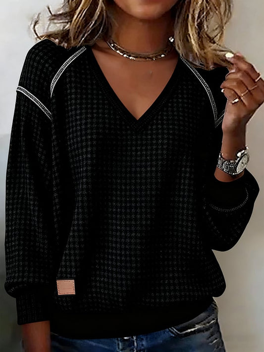 Women's Casual V-Neck Waffle Sweatshirt 