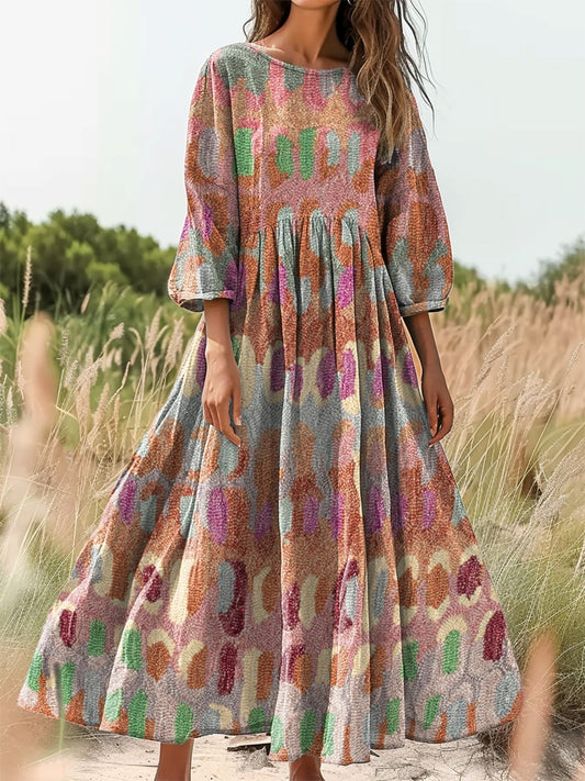 Women's Ethnic Abstract Art Print Flowy Cotton Crew Neck Dress