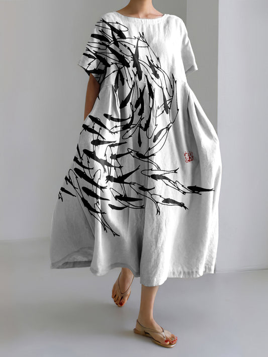 Japanese Art Vintage Sea World Flock Of Fish Print Casual Art Linen Bl