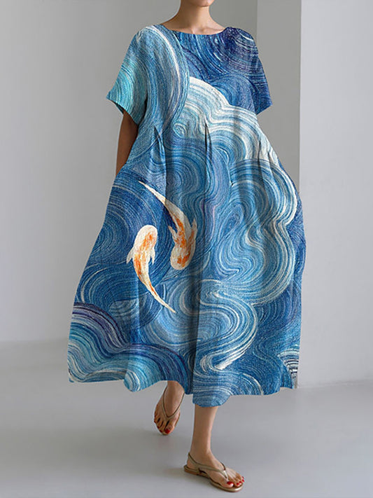 Japanese Art Wave Goldfish Print Casual Midi Dress