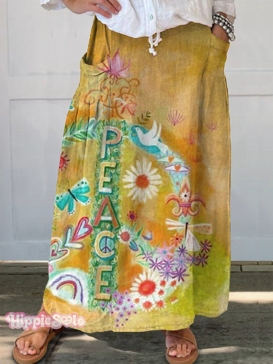 Women's Hippie Peace Floral Print Linen Pocket Skirt