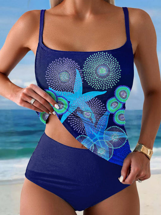 Women's Starfish Print Summer Beach Halter Top And Solid Color Triangle Briefs Tankini Set