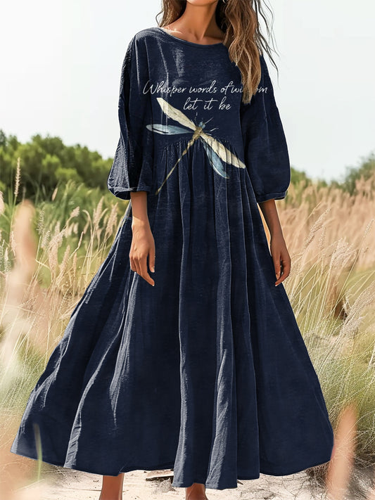 Women's Hippie Dragonfly Art Print Flowy Cotton Crew Neck Dress