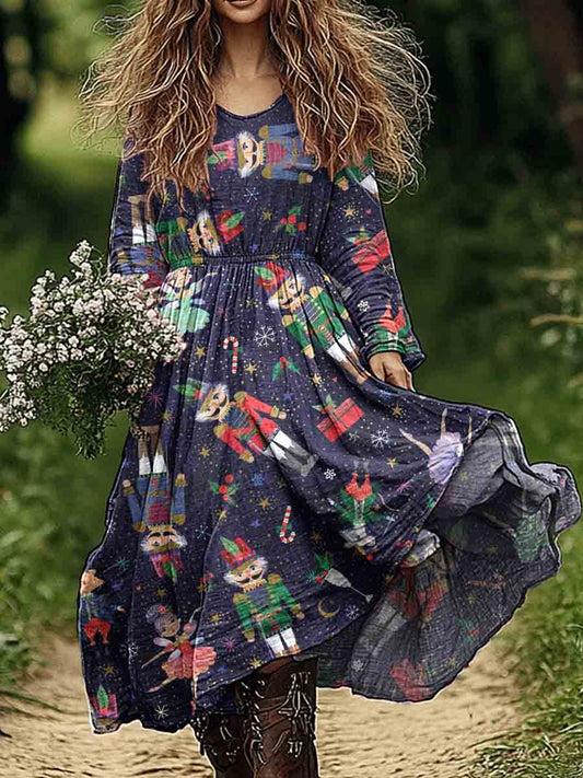 Women's Christmas Nutcracker Pattern Cotton and Linen Dress