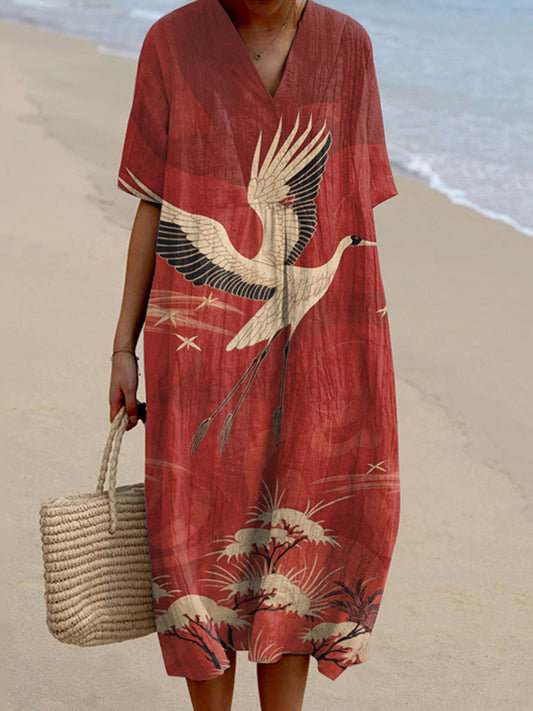 Women'S Vintage Crane Art Print V Neck Flowy Midi Dress
