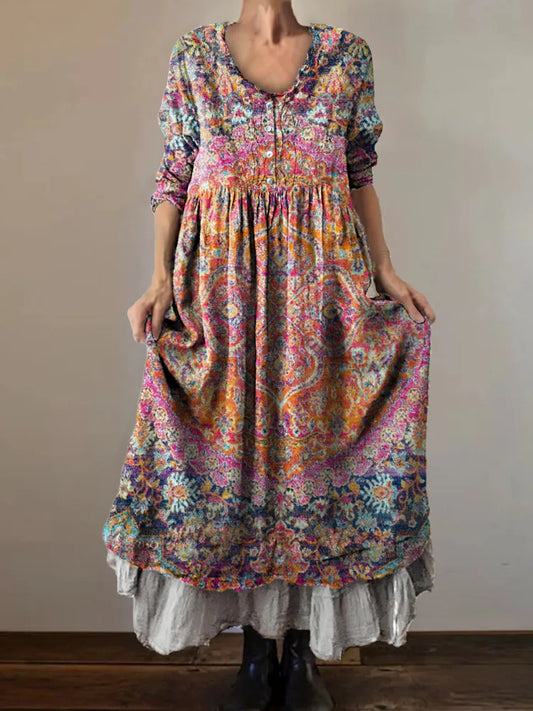 Women's Vintage Ethnic Totem Art Print Button Pocket Cotton Dress