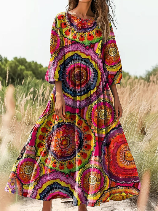 Women's Vintage Floral Art Print Flowy Cotton Crew Neck Dress