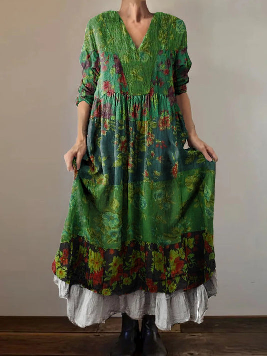 Women's Floral Art Print V-Neck Pocket Cotton Dress