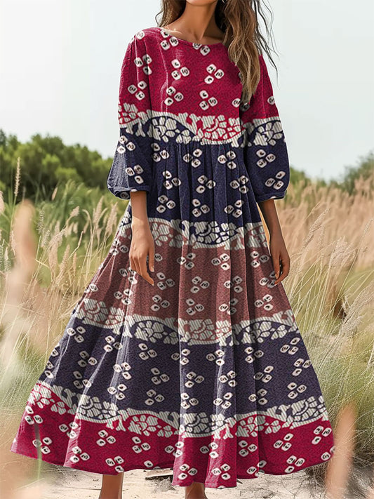 Women's Floral Contrast Print Flowy Crew Neck Pocket Cotton Dress