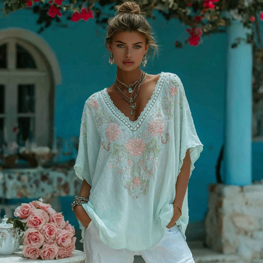 Women's Vintage Bohemian Floral Embroidered Casual V-neck T-shirt