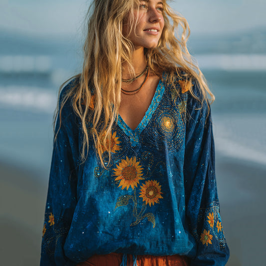 Women's Vintage Oil Painting Sunflower And Starry Night Embroidery V-neck Loose T-shirt