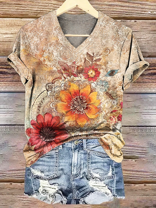 Women's Vintage Watercolor Floral Art Pattern Printed Casual V-neck T-