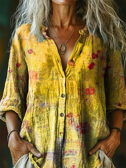 Women's Vintage Floral Art Print Casual Cotton Linen Shirt