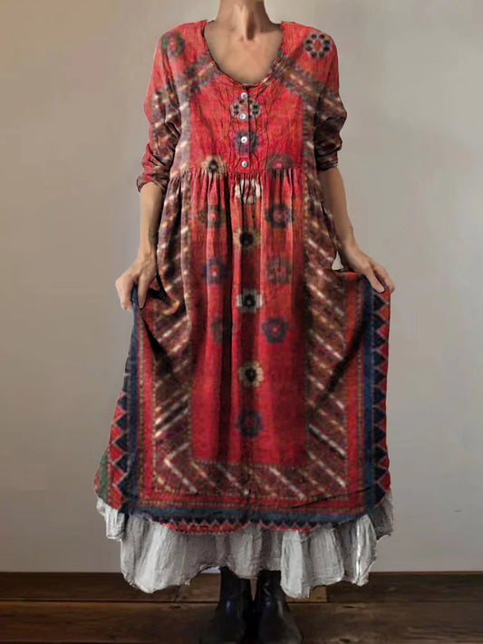Women's Ethnic Tattoo Art Print V-Neck Button Pocket Cotton Dress