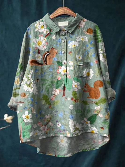 Women's Vintage Lovely Squirrel Floral Art Print Casual Cotton And Linen Shirt