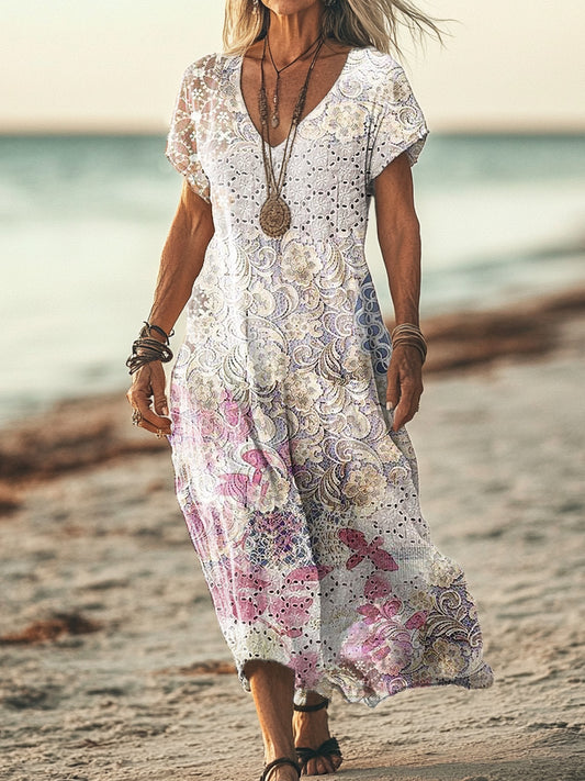 Women's Vintage Ethnic Floral Art Print Pocket Cotton Dress