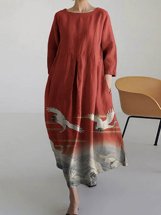 Women Japanese Art Crane Pattern Linen Blend Maxi Dress