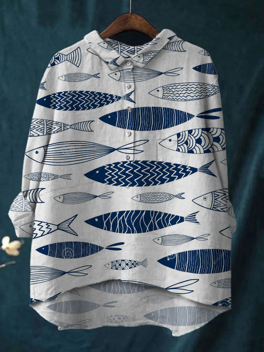 Women's Blue Fish Print Shirt