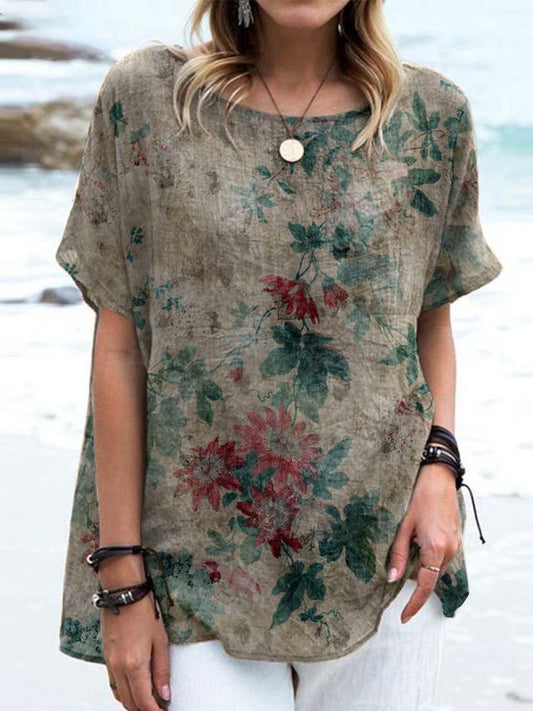 Women's Elegant Floral Round Neck Cotton and Linen Top