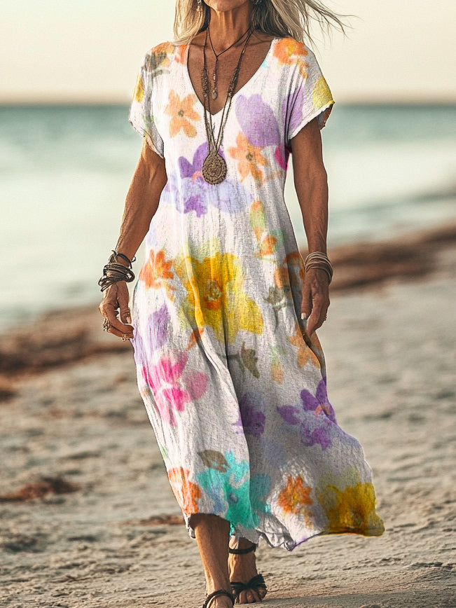 Women's Retro Flowers Print Pocket Cotton Dress
