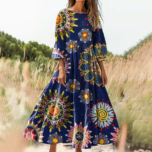 Women's Floral Embellished Pattern Art Print Cotton Crew Neck Dress