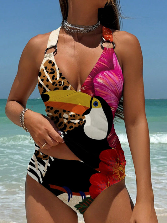 Women's Vintage Toucan Art Print Summer Beach Halter Top And Solid Color Triangle Briefs Tankini Set