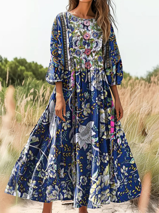 Women's Vintage Ethnic Floral Art Print Flowy Cotton Crew Neck Dress