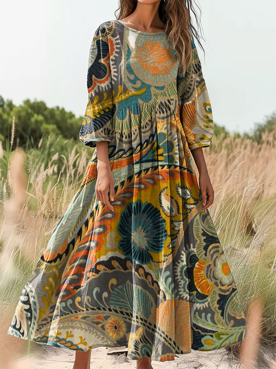 Women's Vintage Paisley Print Flowy Crew Neck Pocket Cotton Dress