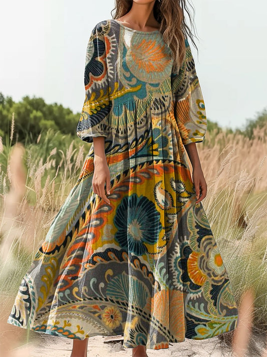 Women's Vintage Paisley Print Flowy Crew Neck Pocket Cotton Dress