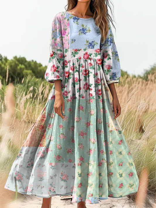 Women's Vintage Floral Patchwork Art Print Flowy Cotton Crew Neck Dres