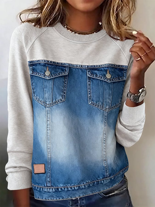 Women'S Casual Round Neck Denim Patchwork Sweatshirt 