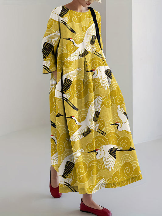 Japanese Art Crane Print Round Neck Loose Midi Dress
