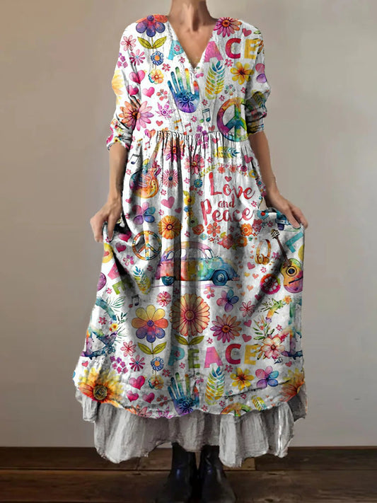 Women's Hippie Peace Love Art Print V-Neck Button Pocket Cotton Dress