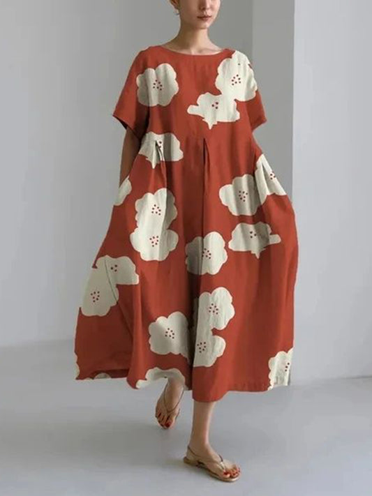 Floral Print Crew Neck Short Sleeve Midi Dress