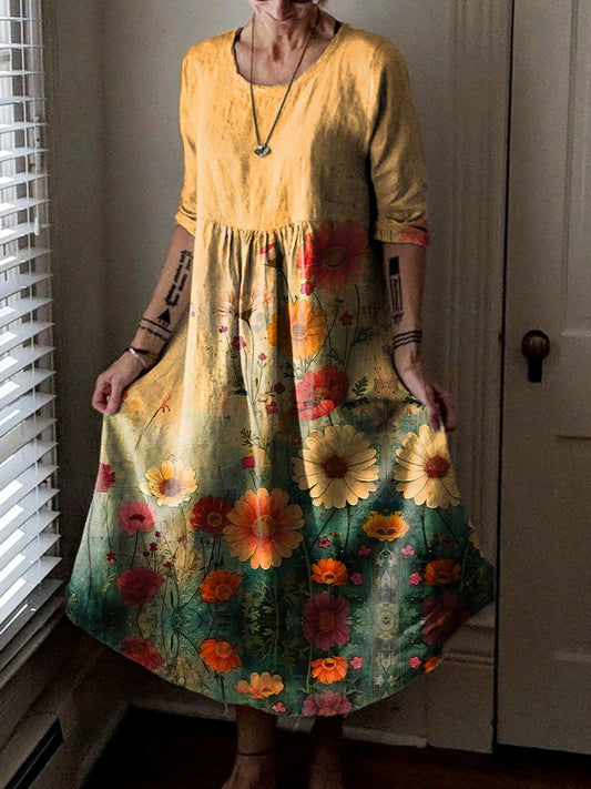 Women's Vintage Floral Art Print Pocket Cotton Dress