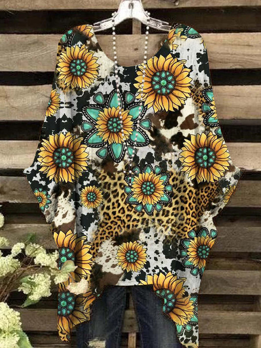 Women's Western Style Leopard Sunflower Print Irregular Top