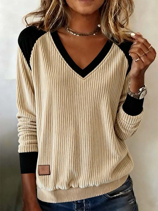 Women'S Casual Contrast Color Corduroy Long Sleeve Top 
