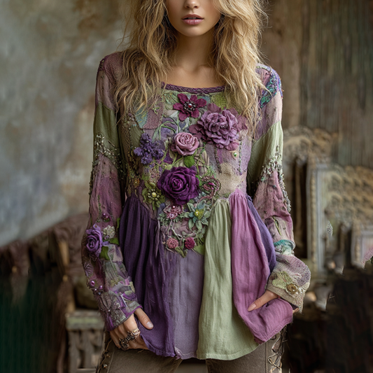 Classy Vintage Floral Splicing Cotton And Linen Long Sleeve Shirt