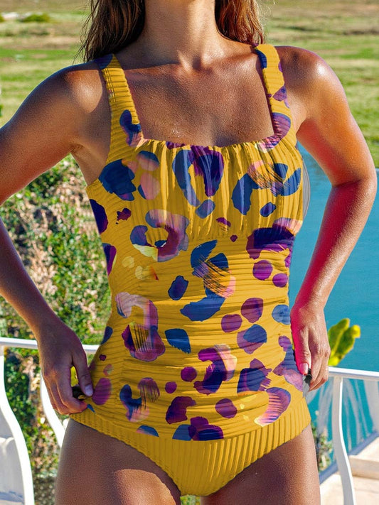 Women's Yellow Leopard Print Summer Beach Halter Top And Triangle Briefs Tankini Set