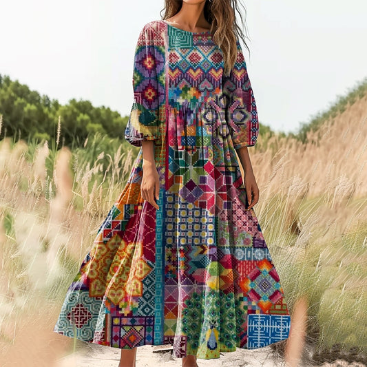 Women's Vintage Irregular Pattern Art Print Cotton Round Neck Dresses