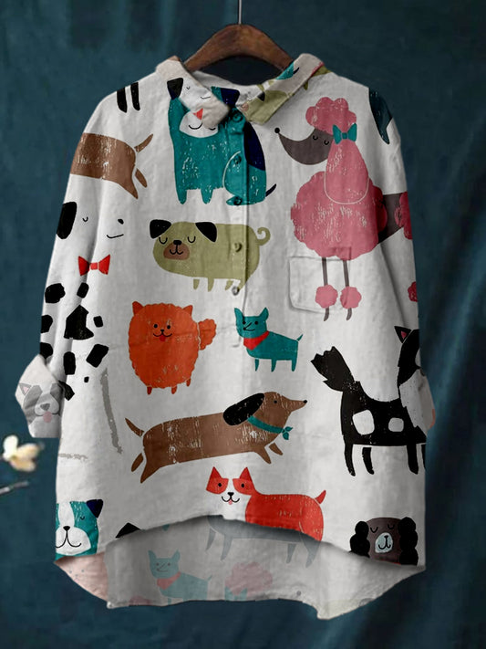 Women's Cute Animals Print Linen Cotton Casual Shirt
