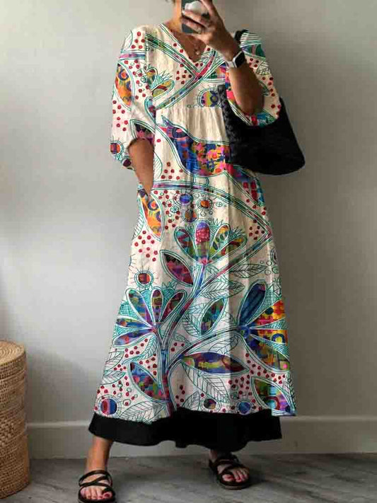 Women's Artistic Flower Color Block Pattern Cotton Dress
