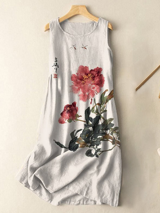Vintage Japanese Ink Flower Calligraphy Art Print Sleeveless Cotton An