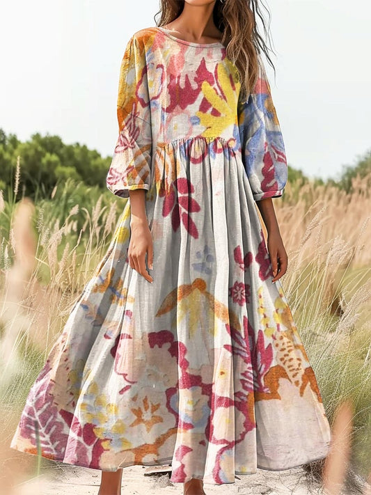 Women's Bohemian Floral Print Flowy Cotton Crew Neck Dress