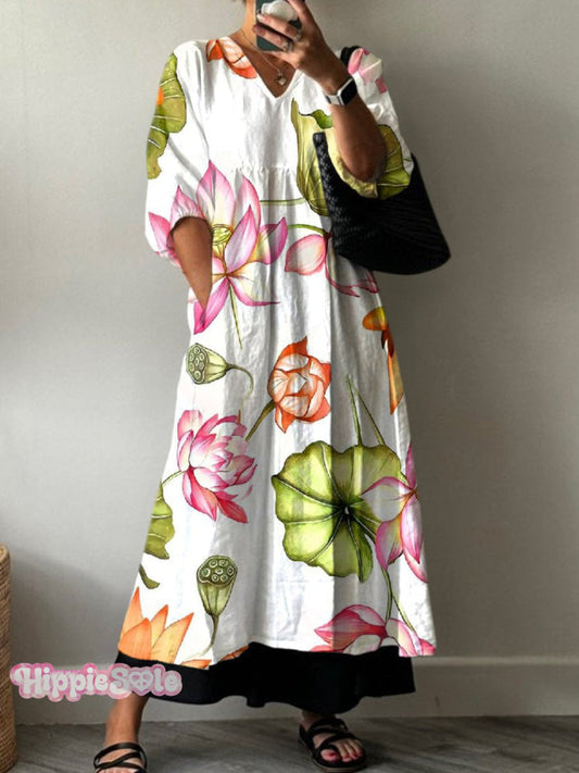 Women's Retro Floral Print Pocket V-neck Cotton Dress