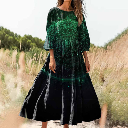 Women's Mandala Embellished Pattern Art Print Cotton Crew Neck Dress