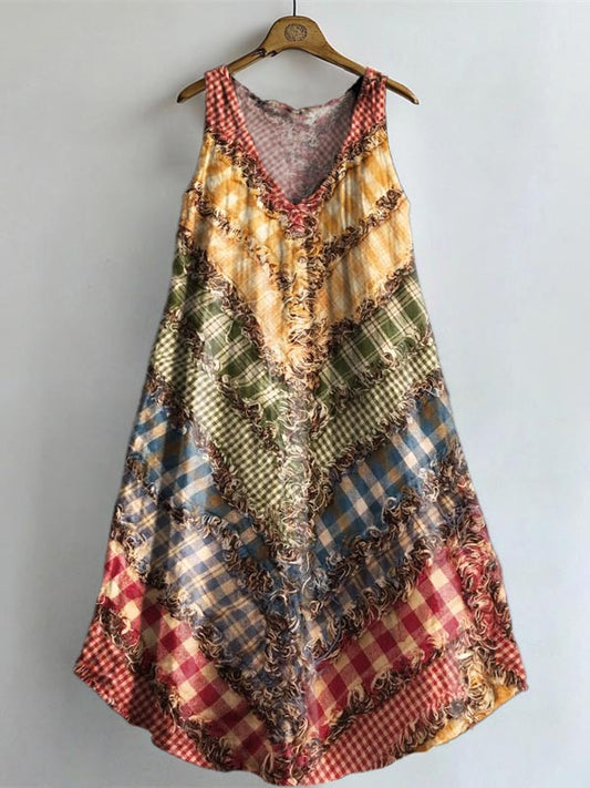 Women's Bohemian Patchwork Print V-neck Pocket Cotton Dress