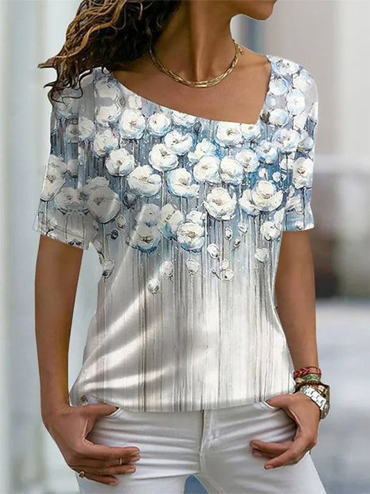 Ladies Oil Painting Floral Print Short Sleeve Knit T-Shirt