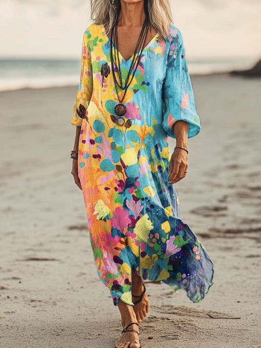 Women's Colorblock Floral Art Print Pocket Cotton Dress