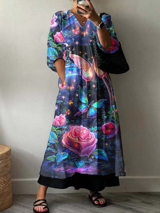 Women's Glowing Butterfly Floral Pattern Cotton Dress